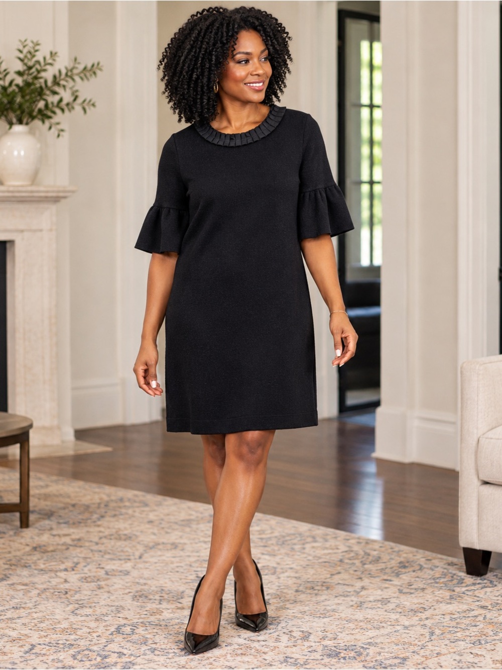 French Connection Black Metallic Bell Sleeve Shift Dress Size 4 Ruffle Collar
